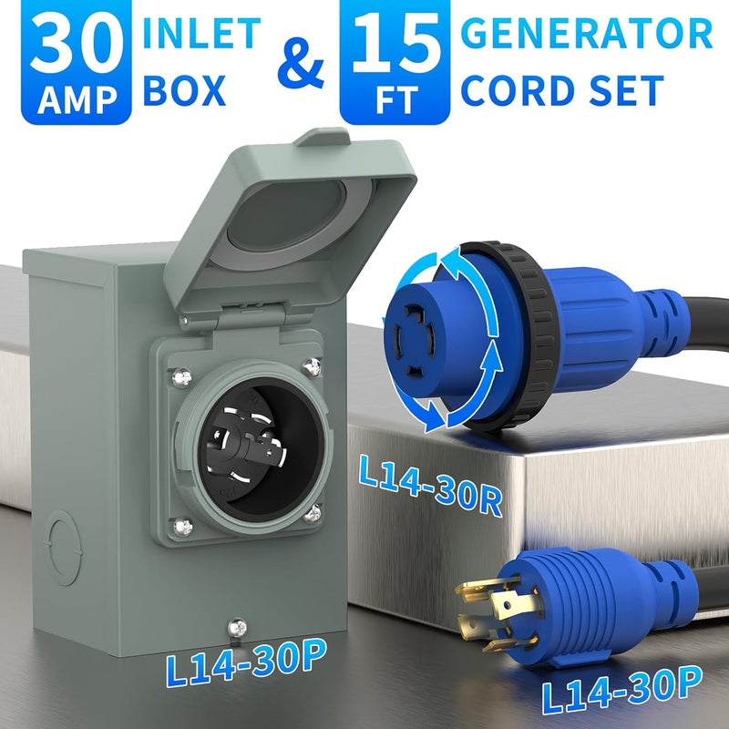 BEBOBLY 30 Amp Power Inlet Box and 15FT Generator Cord, 125V/250V Emergency Power Combo Kit, NEMA 4 Prong Generator Plug, NEMA L14-30P/L14-30R RV Power Extension Cord, Twist Lock - Image 2